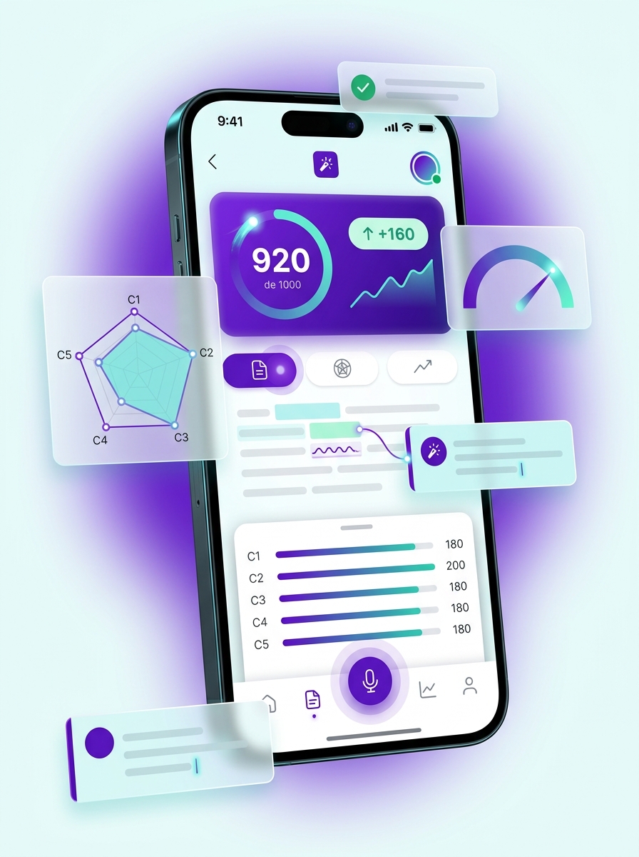 Interface da Mila AI no celular: nota estimada 920 e as notas das cinco competências do ENEM