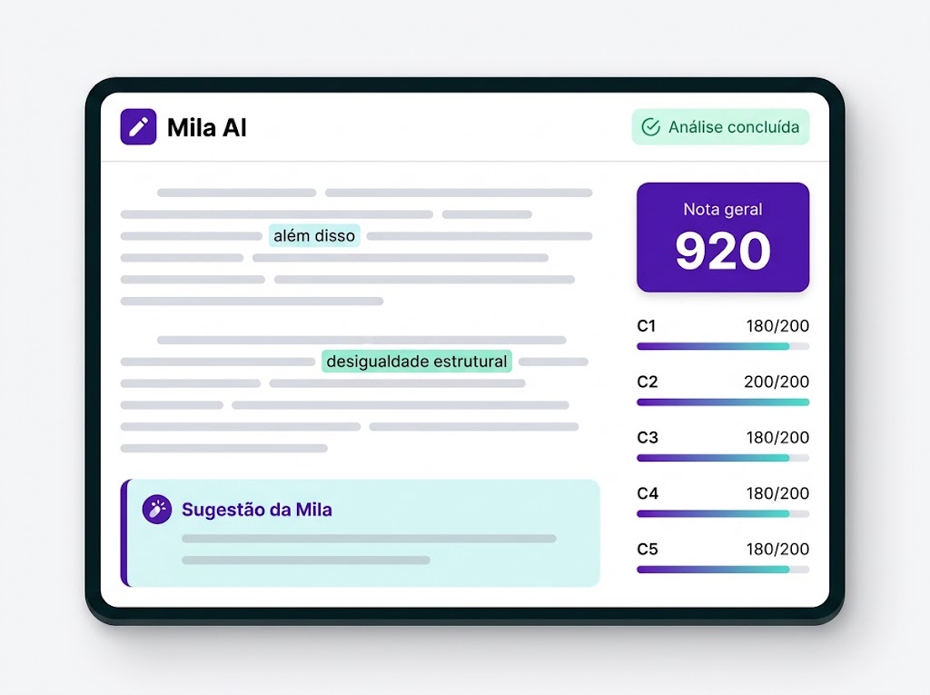 Painel de correção da Mila AI: nota geral 920, trechos do texto marcados e a sugestão da Mila