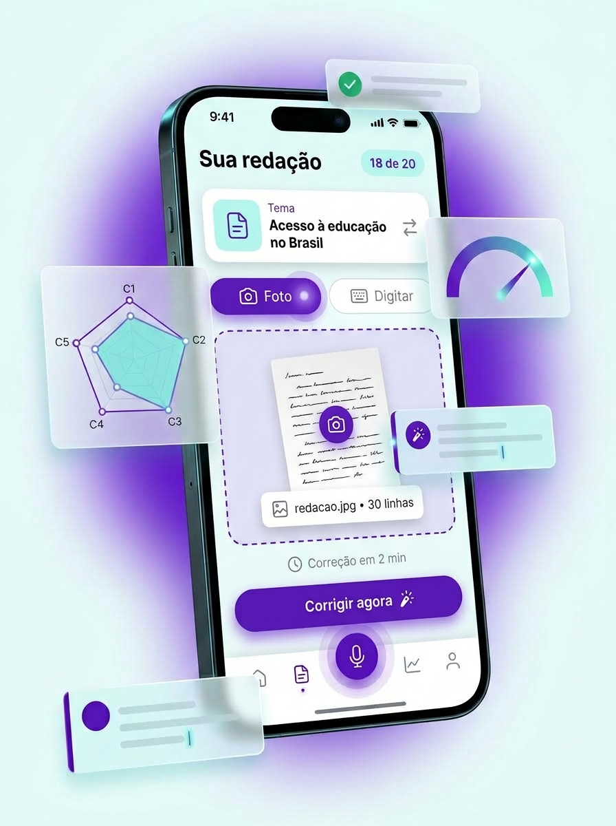 Tela de envio da redação no app da Mila AI, com o tema selecionado e a opção de mandar por foto