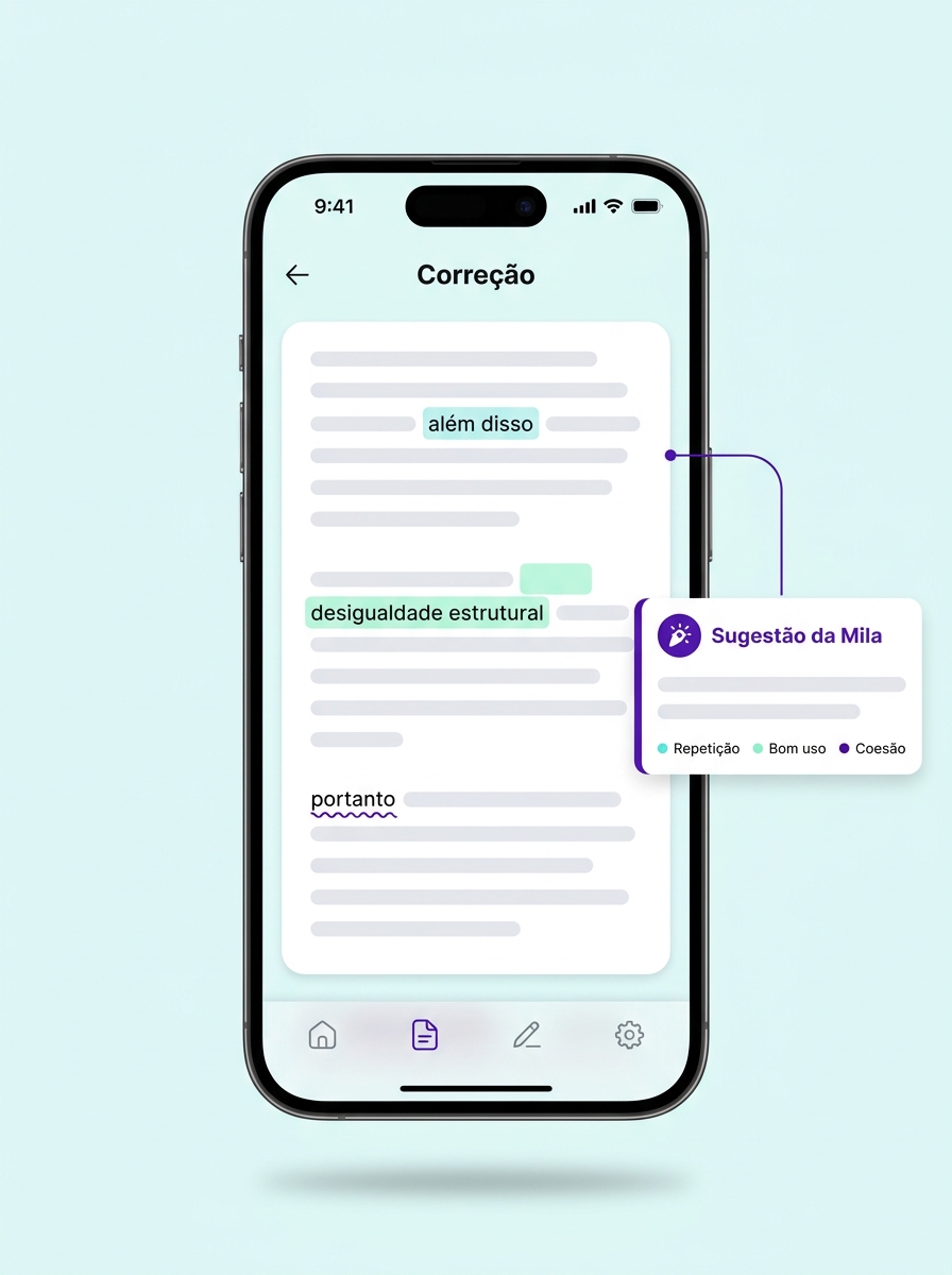 Tela de correção da Mila AI com trechos do texto marcados e um comentário ancorado