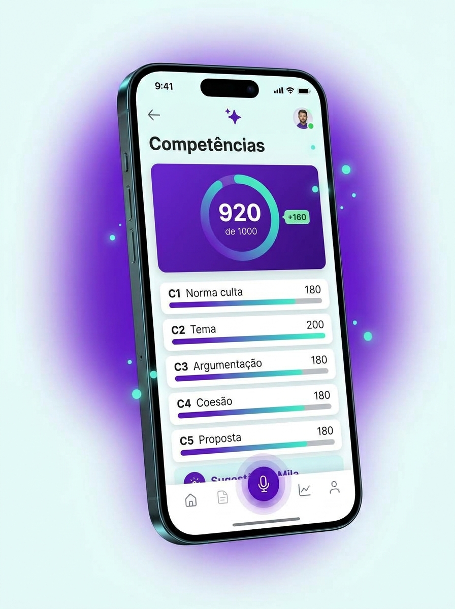 Tela de notas da Mila AI mostrando 920 e as cinco competências do ENEM