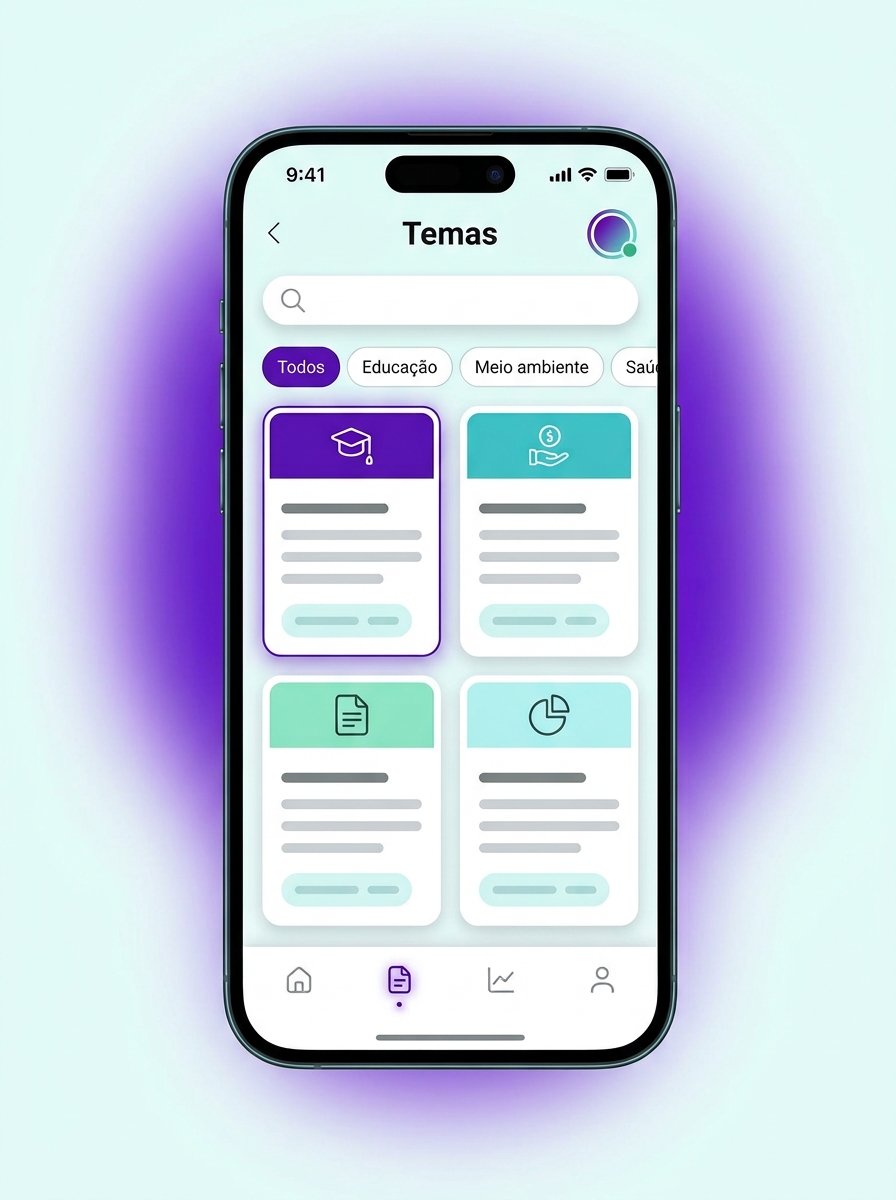 Tela de temas de redação para treinar no app da Mila AI